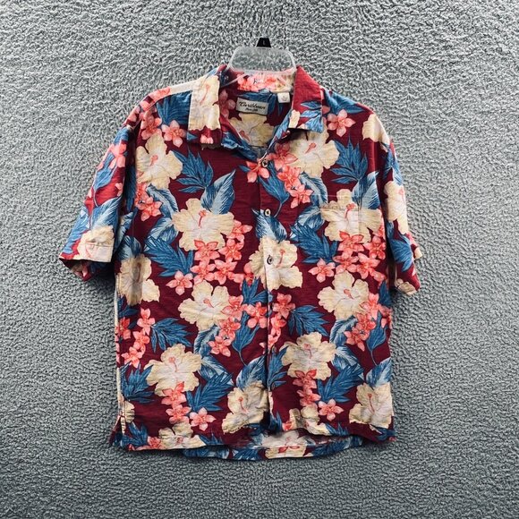 Caribbean Men Hawaiian Shirt Large Blue Pink Pure Silk Floral Aloha Button Front - Picture 1 of 13